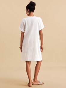 Travachic Women's Textured Lace Patchwork Button Vacation Dress - White - View 3