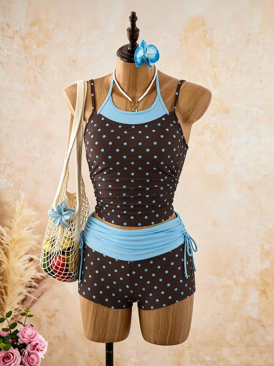 Bellisia Women's 2-Piece Vintage Polka Dot Print Spaghetti Strap Crop Top And Drawstring Shorts Bikini Set Set, Suitable For Summer Beach Vacation - Brown - View 1