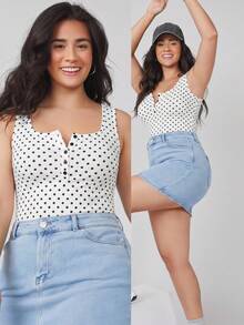 SHEIN BASICS 大尺碼夏季休閒波點印花背心上衣 - 黑與白 - 查看 1
