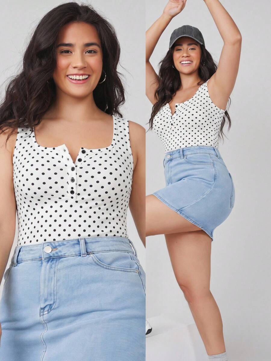 SHEIN BASICS 大尺碼夏季休閒波點印花背心上衣 - 黑與白 - 查看 1
