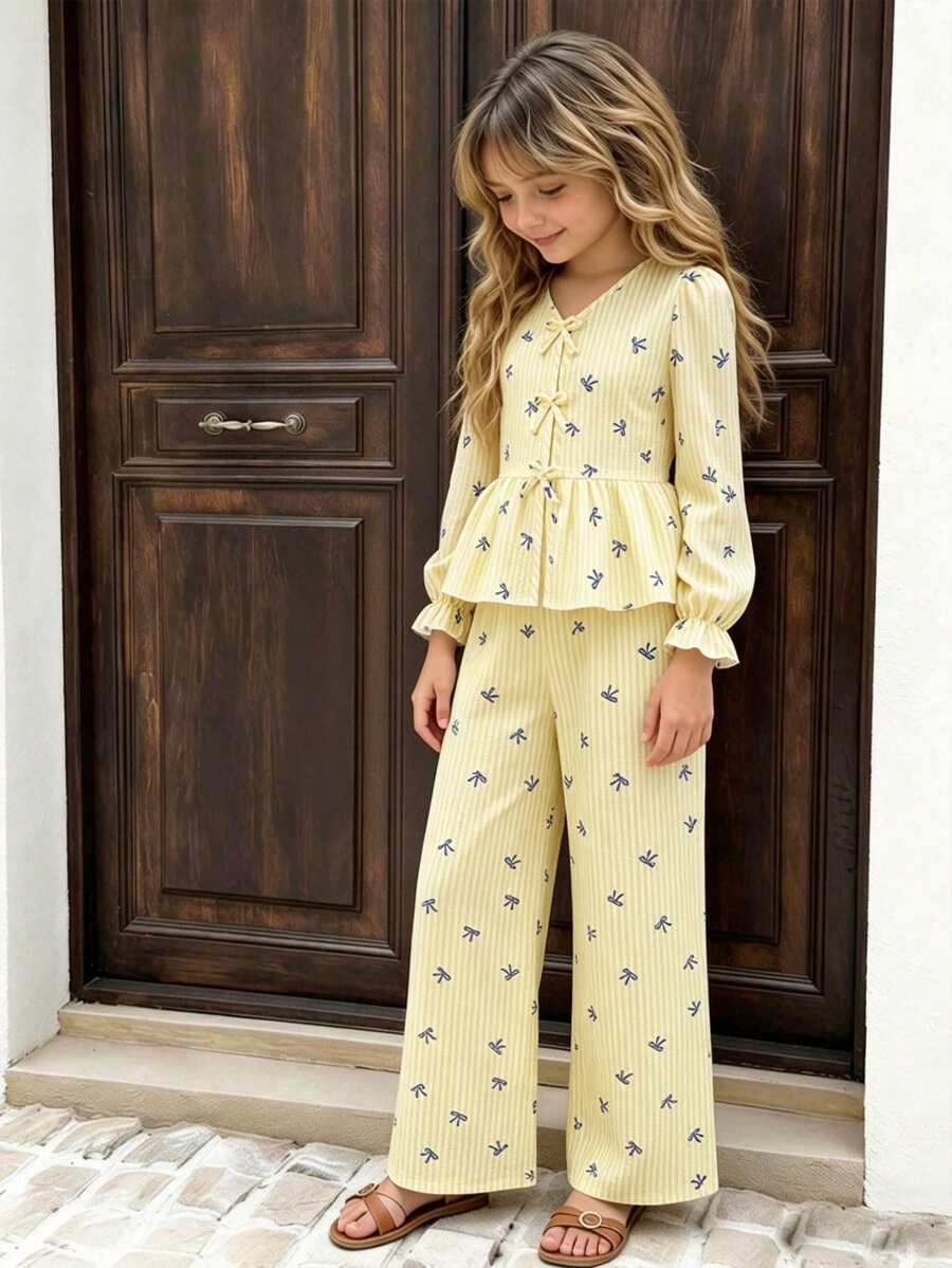 Tween Girls Back To School Sleeveless Bow Shirt /Set - Yellow - View 1