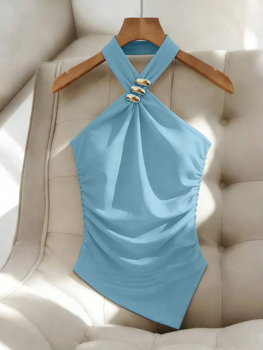 Franclia 黑色金属装饰无袖露脐上衣,针织修身夏季休闲背心,不对称下摆 - 藍色 - 查看 1