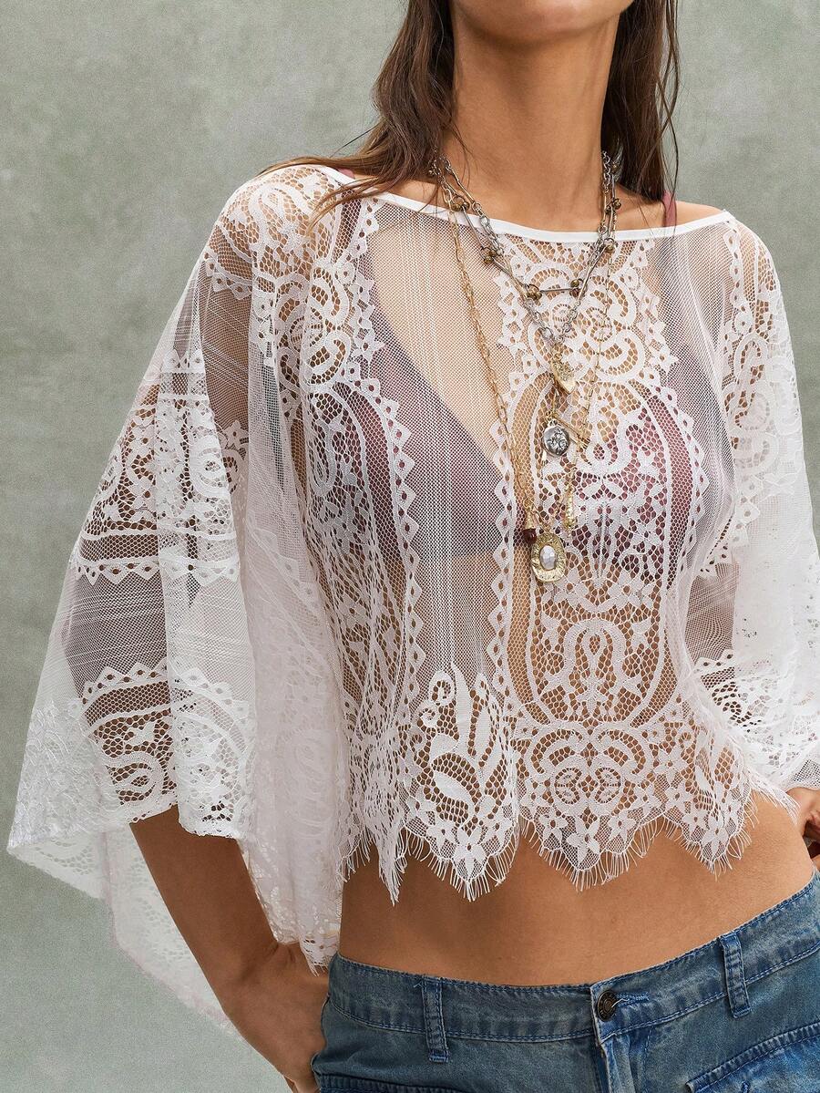 Bohemela Women's Casual Bohemian Boho Solid Color Knit Top Vacation White Floral Autumn - White - View 1