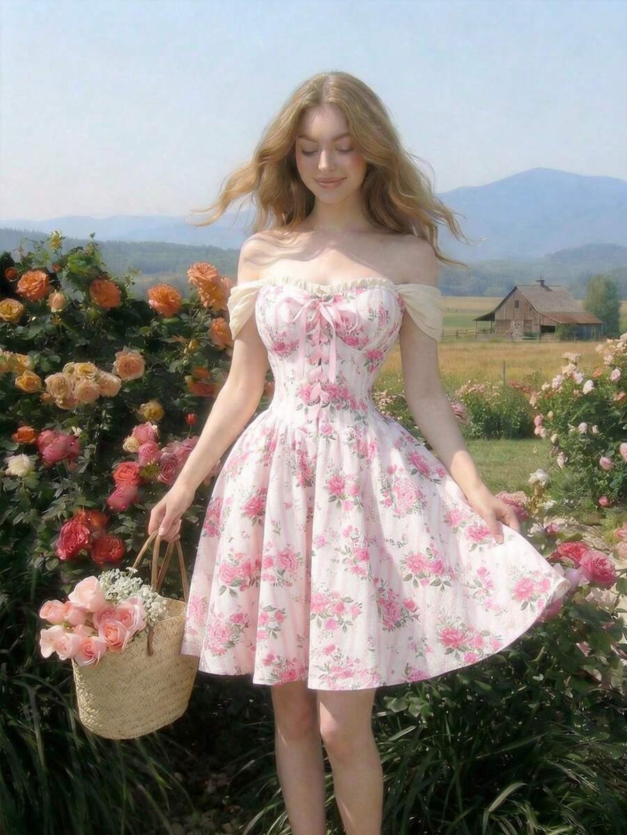 SHEIN MOD Pink Rose Floral Off‑Shoulder Sweetheart Corset Dress With Ruffle Trim And Lace‑Up Tie Front - Fit‑And‑Flare Mini For Garden Picnic, Cottagecore Vacation, Party, Date Night & Wedding Guest Picnic & Party Pink Floral Dress, Off‑Shoulder Dress, Corset Dress, Ruffle Trim, Lace‑Up Front, Fit‑And‑Flare, Cottagecore, Garden Picnic, Date Night, Wedding Guest - Pink - View 1