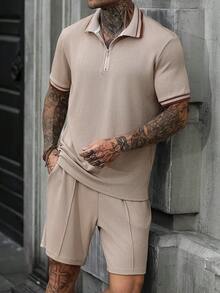Manfinity CasualCool 男士提花針織拉鍊 Polo 衫與短褲 2 件套，巧克力棕色，夏季休閒度假老錢風羅紋領短袖套裝 - 卡其色 - 查看 5
