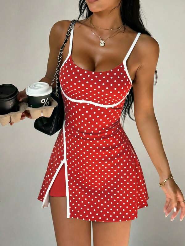 CourtClass CourtClass Women's Spring/Summer Golf Sports Dress, Spaghetti Strap, Polka Dot Print, Contrast Color Waistband, Front Slit, Contrast Trim, Detachable Shorts With Pockets, Suitable For Casual, Running, Yoga, Gym, Tennis, Golf