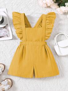 SHEIN Young Girl Cotton Linen Ruffle Collar Jumpsuit, Spring/Summer Yellow - Yellow - View 5