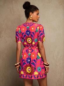 Travachic V-Neck Short Sleeve Fitted Mini Dress For Women - Multicolor - View 6