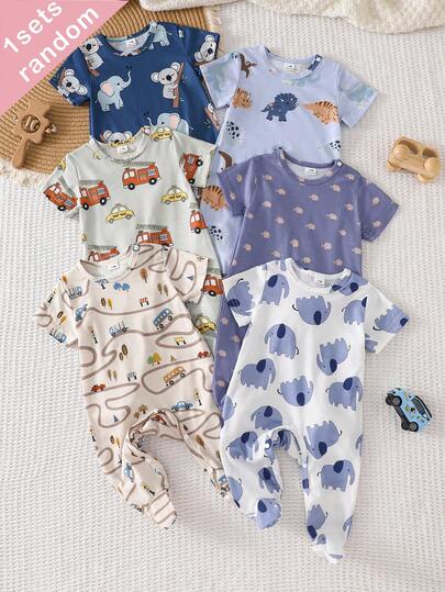 SHEIN 6pcs/Set Newborn Knitted Cartoon Car, Elephant, Dinosaur All-Over Print Round Neck Casual Comfortable Loose Short Sleeve Romper Jumpsuit, Summer Pajamas