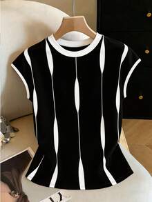 SHEIN Women's Spring/Summer Fashion Colorblock Black And White Striped Sleeveless Top, Round Neck Teardrop Print, Knit Fabric, Casual Modest Everyday Top. - Black - View 3