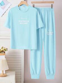 SHEIN Dozemod Kids Teen Girl Minimalist Letter Print Round Neck Short Sleeve Pants Knit Casual Pajama Set, 2pcs - Baby Blue - View 2