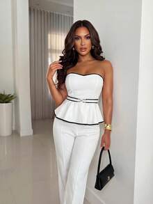 Xyvia Setelan Musim Panas Elegan untuk Wanita, Atasan Bandeau Tenun Putih dengan Hem Berumbai + Celana Panjang Lurus Lebar, Setelan 2 Potong untuk Kantor, Bar, Pesta, Makan Malam - Putih - View 5