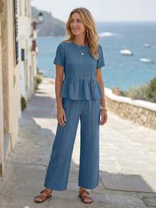 EMERY ROSE Women's Solid Color Round Neck Ruffle Hem Short Sleeve Top And Slant Pocket Long Pants Elegant Casual Suit Vacation Slate Blue Summer - Blue - View 5