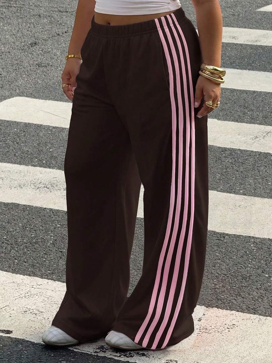 Muchica Pantalones casuales versátiles de uso diario con parches de colores para mujer de talla grande - Marrón - Ver 1