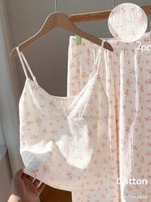 Comfortcana Plus Size 2pcs Set: Pink Contrast Floral V-Neck Ruffle Camisole And Shorts, Casual For Spring/Summer - White - View 3