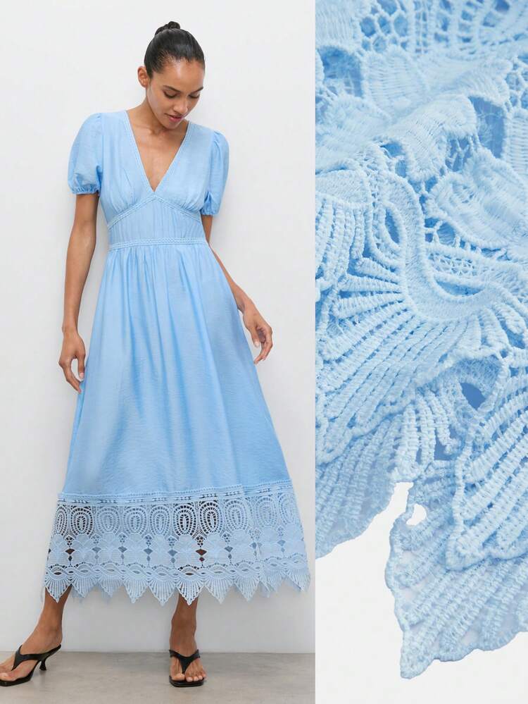 SHEIN Maija Women's Elegant Light Blue Lace Patchwork Long Dress,Summmer Casual Beach Vacation Outfit,Tea Party Graduation,Country Style Holiday Dress