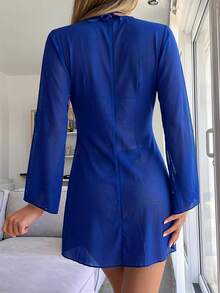 Swim Chiccia 度假海灘素色透視網紗和服式罩衫 - 寶藍色 - 查看 2