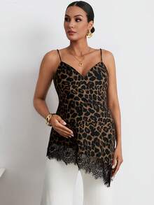 MaterniWear Brown Leopard Print Lace-Trimmed Asymmetrical Hem Maternity Tank Top, Suitable For Summer Casual Maternity Commuting Photoshoot. Women's Social Blouse - Khaki - View 4