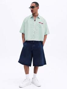 SUMWON Striped Short Sleeve Cropped Button-Up Shirt With Chest Pocket And Script Embroidery Summer Casual - Green - View 3