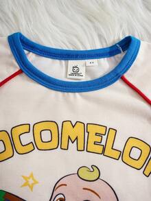 CoComelon X SHEIN 少女字母條紋印花撞色圓領短袖T恤與休閒短褲套裝 - 杏色 - 查看 3