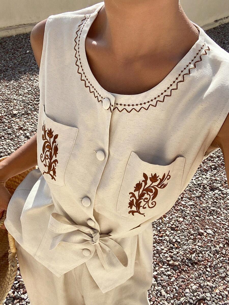 Livesso 春夏圓領無袖刺繡圖案綁腰女式背心外套 - 卡其色 - 查看 1