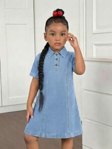 Vestido camisa de mezclilla oversize en azul marino para niña - Lavado ligero - Ver 5