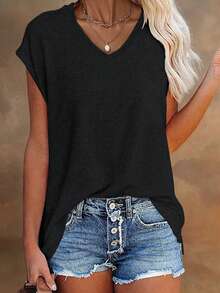 SHEIN LUNE Casual Versatile Solid Color T-Shirt, Summer Everyday Black - Black - View 4