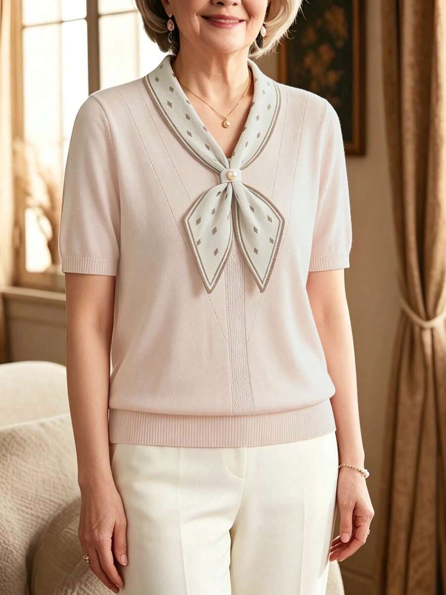 SHEIN Middle-Aged & Elderly Women Beige Ribbon Decor Short Sleeve Knit Top - Apricot - View 1