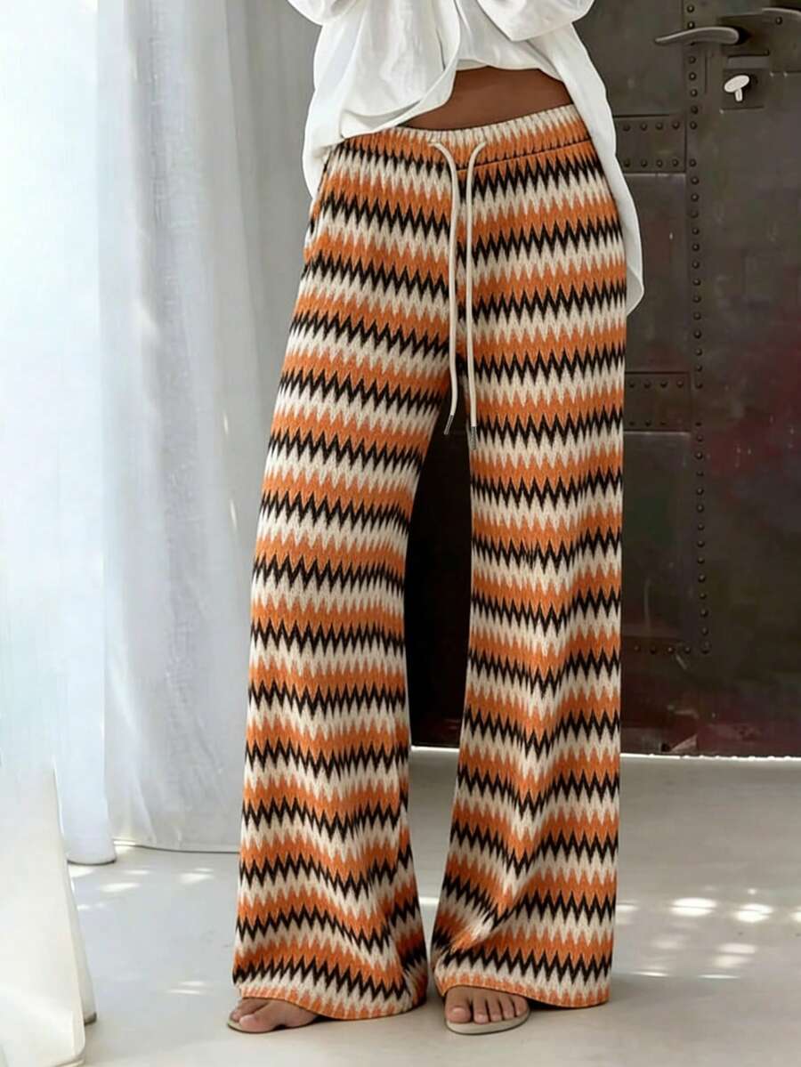 EMERY ROSE Women's Orange And Black Knit Wide Leg Pants,Summer Boho Vacation Striped Loose Drawstring Bohemian Hippie Loungewear Daily Wear Streetwear Pants - Multicolor - View 1