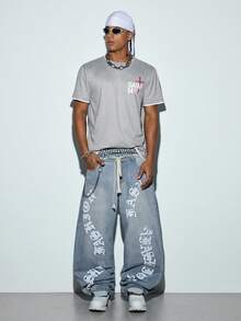 Modcrash Men Loose Wide Leg Jeans, American Street Style Towel Embroidery Casual Denim Pants For All Season Fall/Autumn/Winter - Blue - View 4