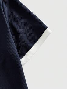 ROMWE MEN Men's Waffle Knit Heart Embroidered Contrast Color Short Sleeve T-Shirt - Navy Blue - View 6