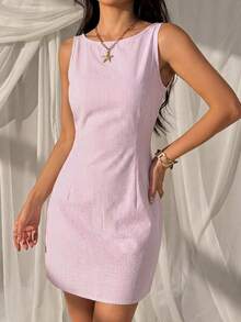 SHEIN EZwear 女款夏季性感度假風拼接條紋印花無袖露背打結迷你洋裝 - 藕粉色 - 查看 4