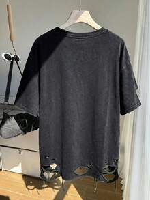 Muchica Plus Size Women Summer Casual Goth Daily Commute Vacation Fashion Street Washed Drop Shoulder Loose Ripped T-Shirt White - Chocolate Brown - View 2