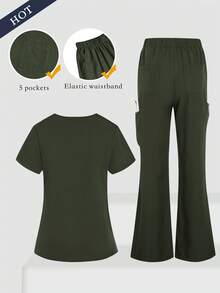 TaskEZ 2pcs Women Healthcare Uniform - Solid Color V-Neck Blouse & Slit Long Pants, Scrub Sets - Army Green - View 2