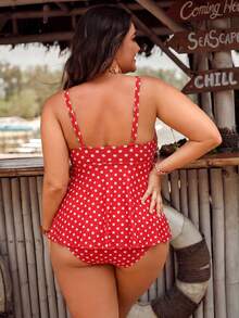 SHEIN Swim 大尺碼女款 2 件式碎花細肩帶開衩泳裝，優雅海灘度假坦克尼 - 紅白色 - 查看 2