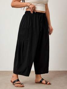 Enliva Plus Size Loose Fit Drawstring Casual Cropped Pants - Black - View 3
