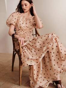 SHEIN Zanirela 女款圓領波點短花瓣袖時尚上衣 - 杏色 - 查看 1