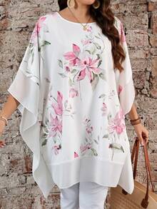 EMERY ROSE Plus Size Women Floral Print Batwing Sleeve Loose Blouse Fall - Multicolor - View 6