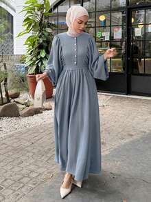DAZY Women's Elegant Solid Color Round Neck Ruched Waist Mid-Length Dress, Spring & Summer Sundress - Blue - View 6