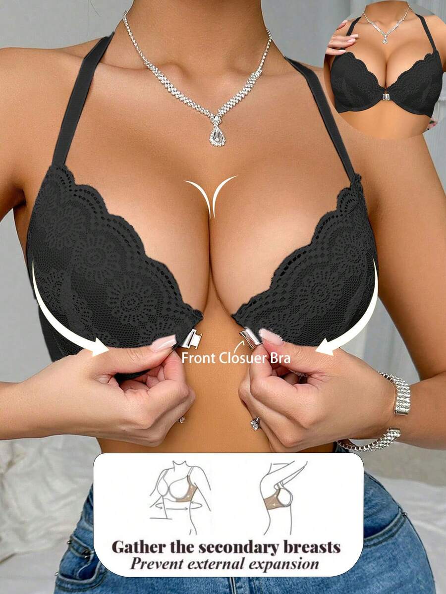 DesireSculpt 1件蕾丝前扣式女士钢圈文胸 - 黑色 - 查看 1
