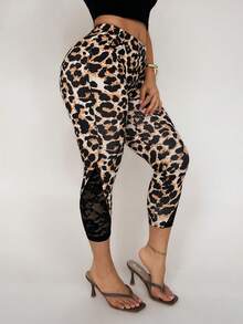 SHEIN SXY Women's Leopard Print Contrast Lace 3/4 Length Leggings - Multicolor - View 4