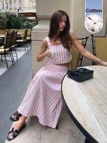 SHEIN Frenchy Women's Striped Square Neck Tank Top And Mini Skirt Casual 2 Pieces Set - Pink - View 4