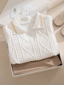 Souflis Souflis 1 Stück Baby Jungen Set, Kinder gestrickter bequemer Langarm Poloshirt 2 in 1 Sweatshirt, modisches Brustprint Nischendesign Top kombiniert mit khakifarbener lässiger Hose mit elastischem Bund, geeignet für Herbstanlässe wie Urlaub und Alltagstragen - Verschiedenfarbig - Übersicht 5