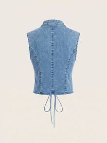 SHEIN ICON 女款無袖牛仔交叉綁帶短版上衣 - 淺色水洗藍 - 查看 2