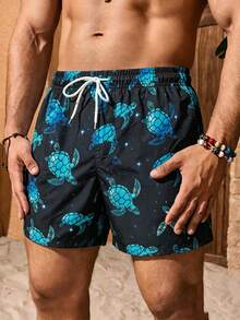 Palasendo Men's Turtle Print Drawstring Waist Pocket Beach Shorts, Holiday - Navy Blue - View 3