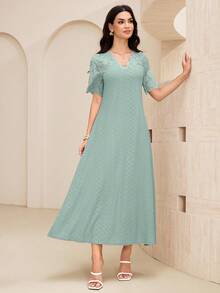 Lacomfia V-Neck Contrast Lace Textured Knit Mid-Length Dress For Women - Aqua Green - View 6