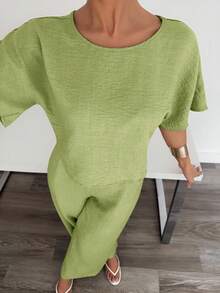 Siren Gaze 2pcs Women Solid Color Pleated Shirt And Pants Casual Suit - Green - View 3
