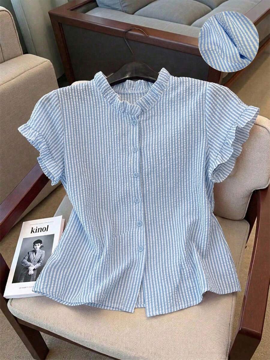 Franclia 大尺碼夏季休閒條紋短袖襯衫 - 藍色 - 查看 1