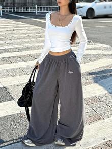 Coolane Women's Oversized Casual High Street Baggy Textured Drop Waist Solid Color Wide Leg Pants - Dark Grey - View 5