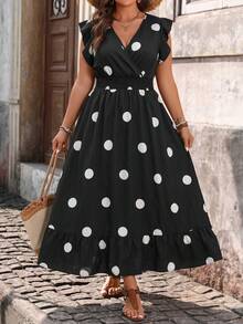 Breezaya Vestido casual de vacaciones de uso diario con volantes y estampado floral pequeño para tallas grandes - Negro - Ver 1
